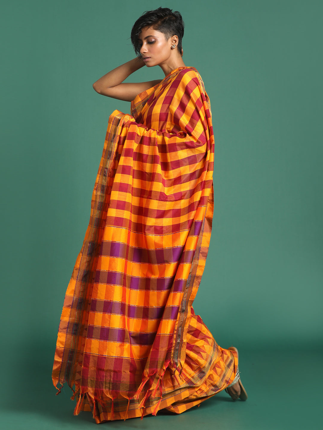 Indethnic Multi Checked Saree - View 3