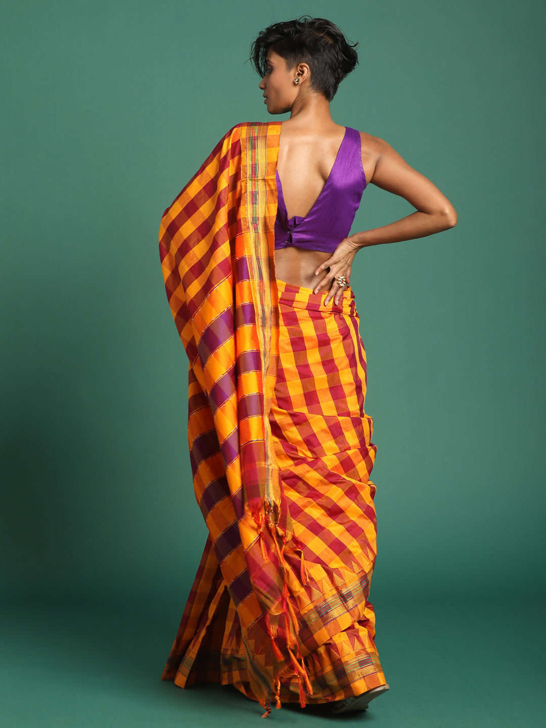 Indethnic Multi Checked Saree - View 3