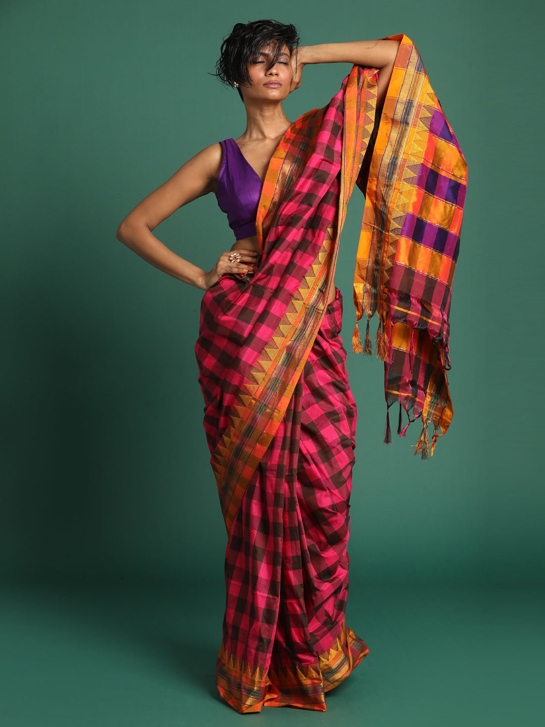 Indethnic Multi Checked Saree - View 2