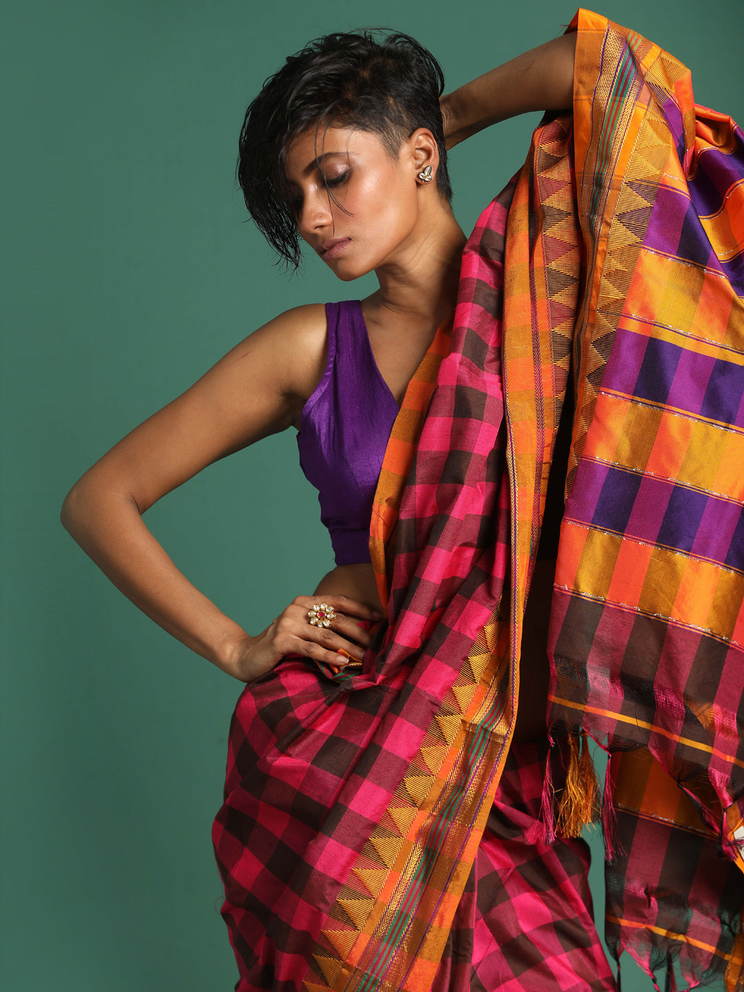 Indethnic Multi Checked Saree - View 1