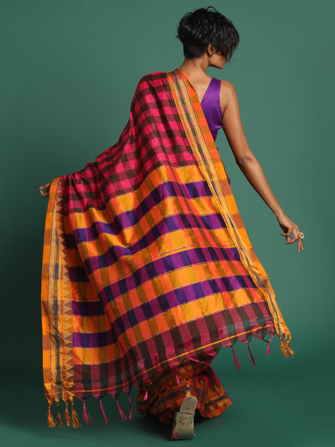 Indethnic Multi Checked Saree - View 3