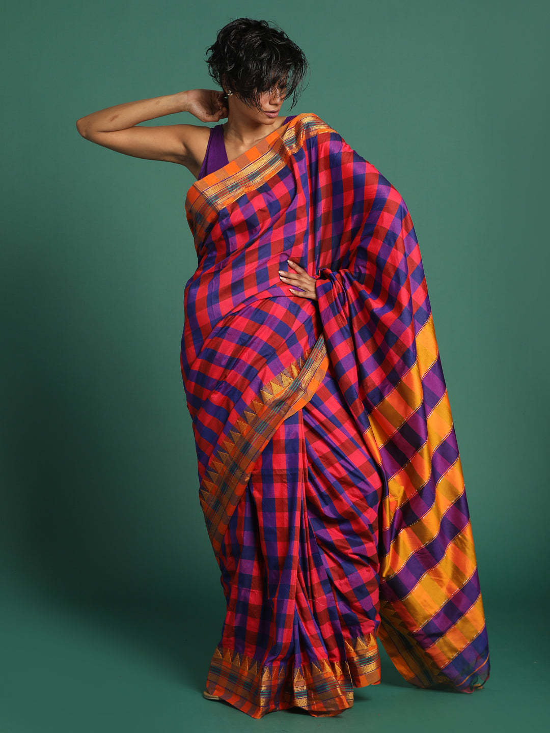 Indethnic Multi Checked Saree - View 2