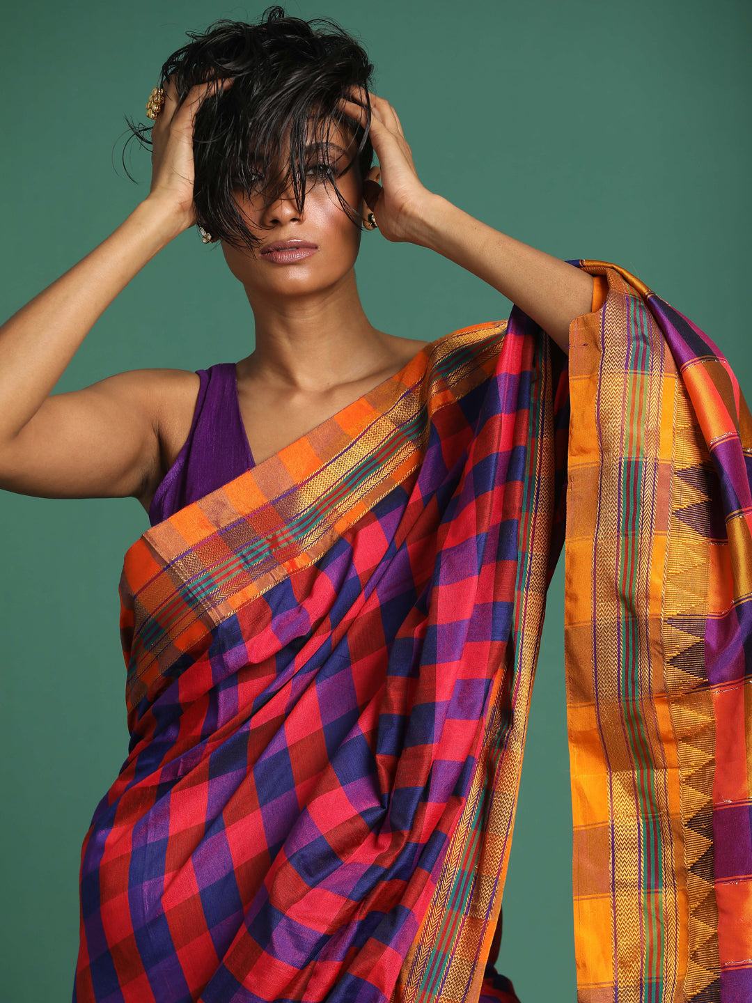 Indethnic Multi Checked Saree - View 1