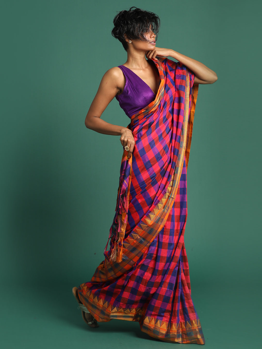 Indethnic Multi Checked Saree - View 3