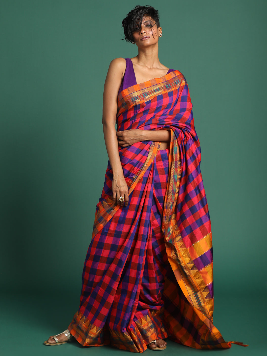 Indethnic Multi Checked Saree - View 2