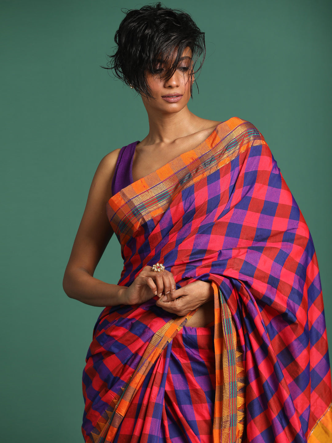 Indethnic Multi Checked Saree - View 1