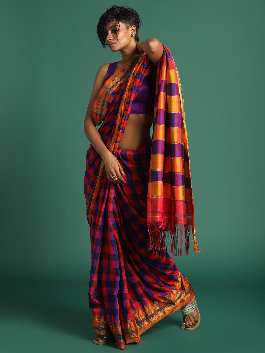 Indethnic Multi Checked Saree - View 3