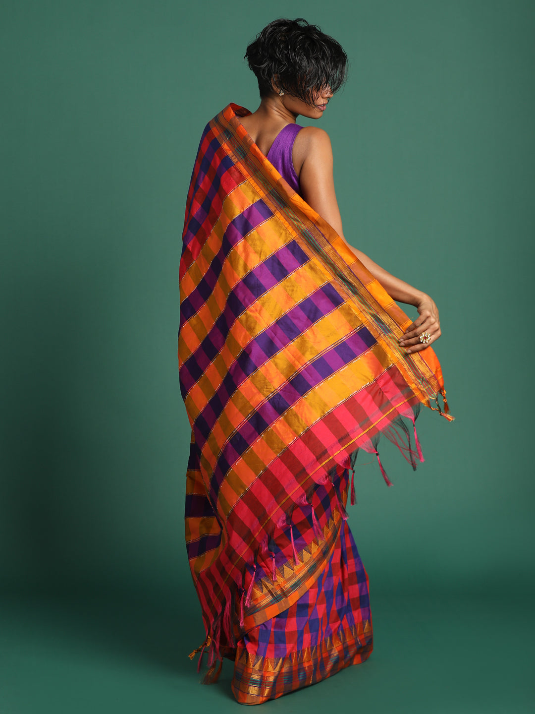 Indethnic Multi Checked Saree - View 3