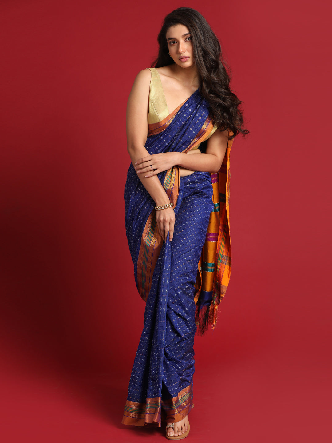 Indethnic Navy Blue Woven Design Saree - View 2