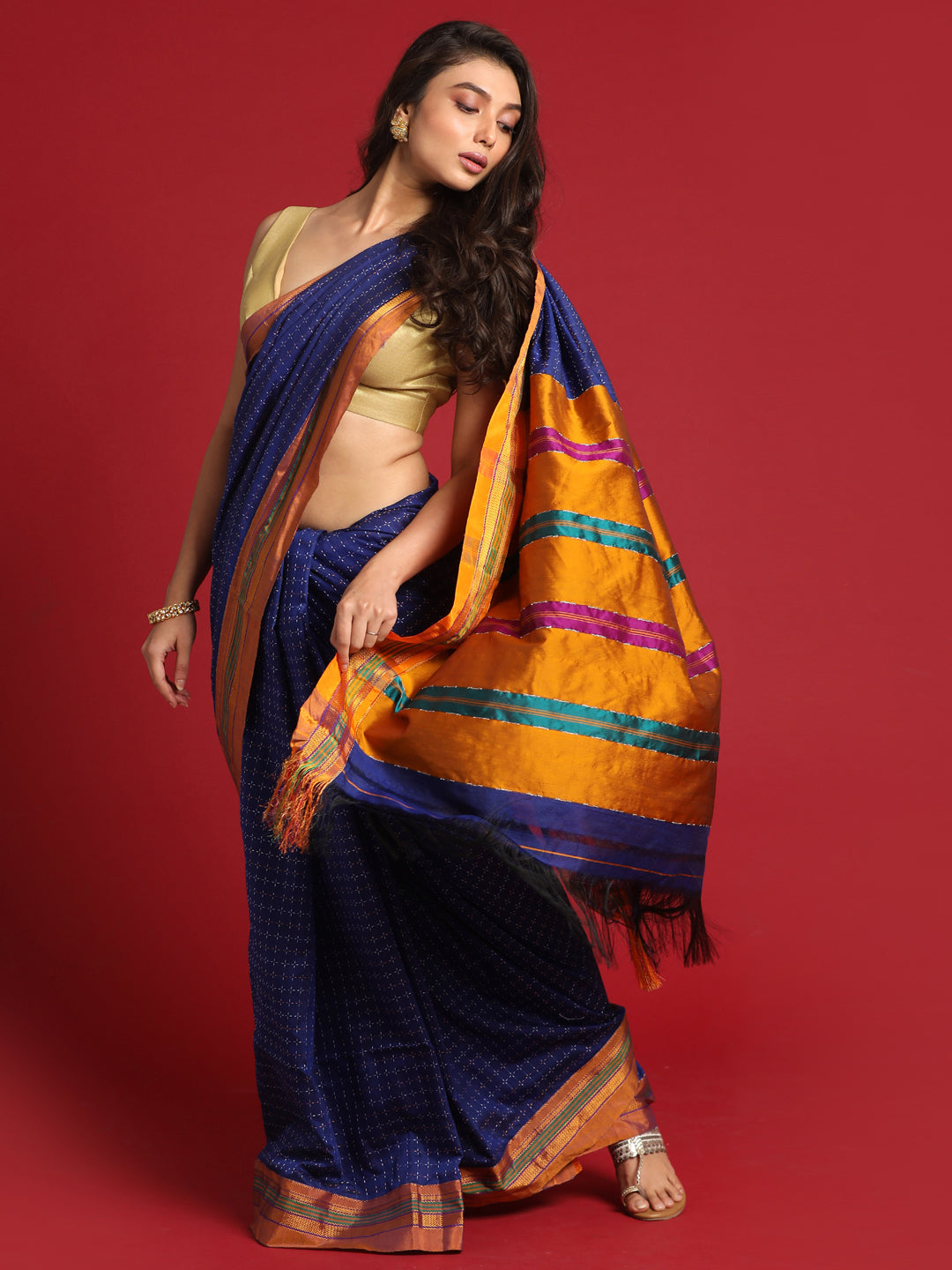 Indethnic Navy Blue Woven Design Saree - View 3