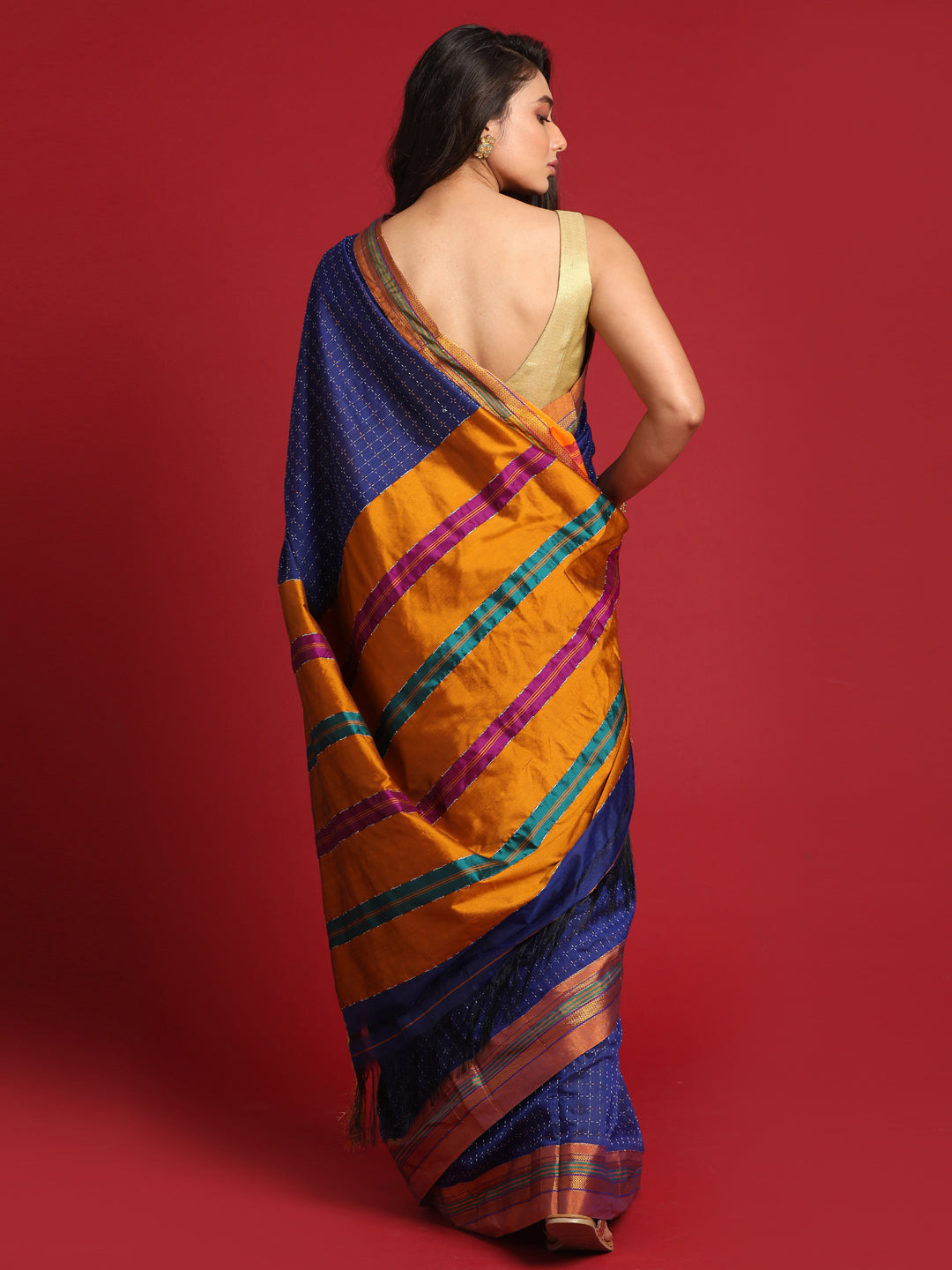 Indethnic Navy Blue Woven Design Saree - View 3