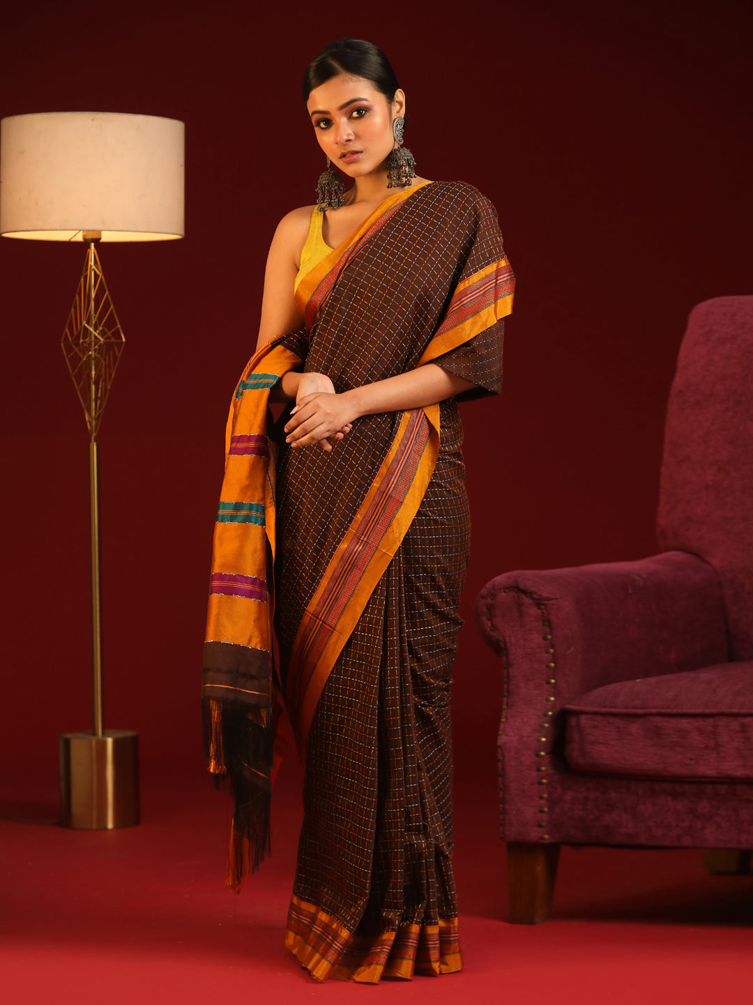 Indethnic Rust Woven Design Saree - View 2