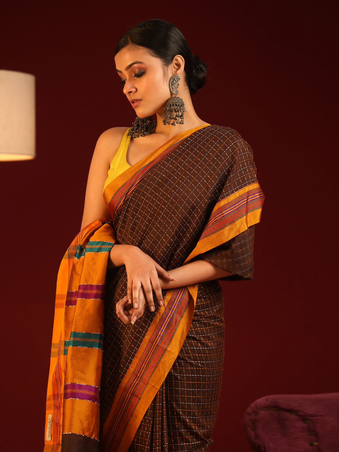 Indethnic Rust Woven Design Saree - View 1