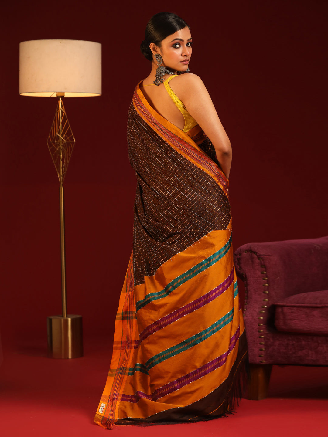 Indethnic Rust Woven Design Saree - View 3