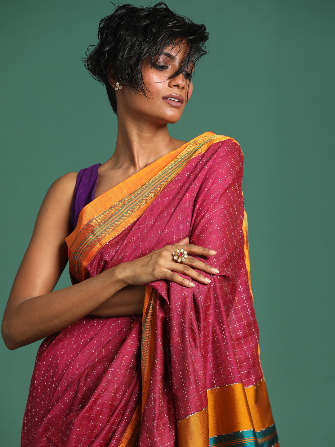 Indethnic Pink Woven Design Saree - View 1