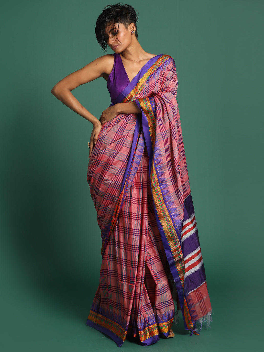 Indethnic Pink Checked Saree - View 2