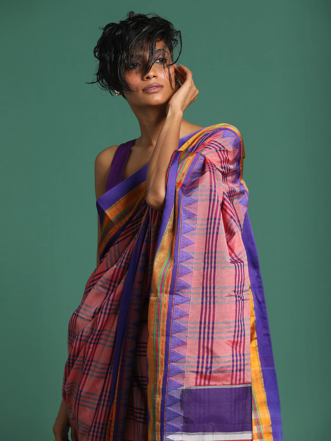 Indethnic Pink Checked Saree - View 1