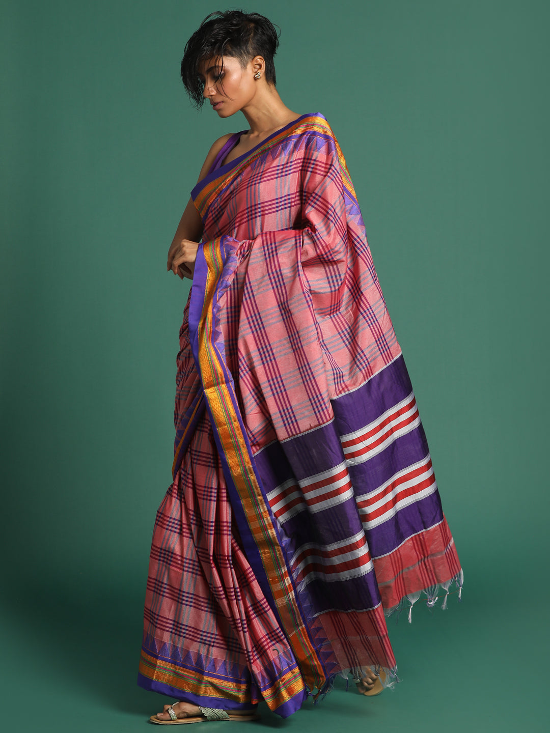 Indethnic Pink Checked Saree - View 3