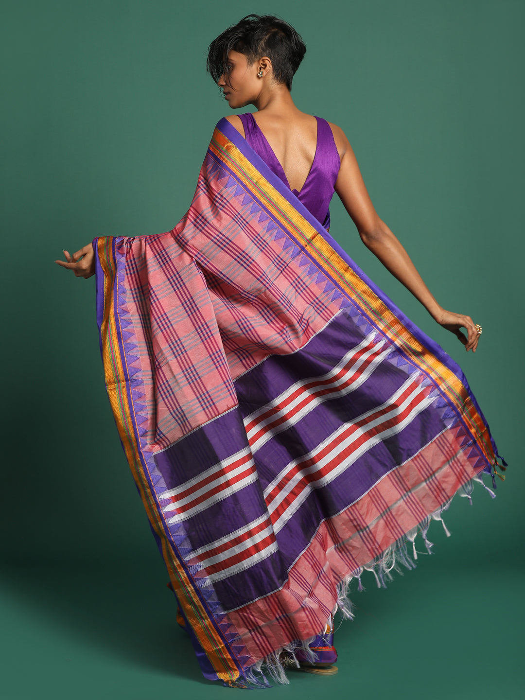 Indethnic Pink Checked Saree - View 3
