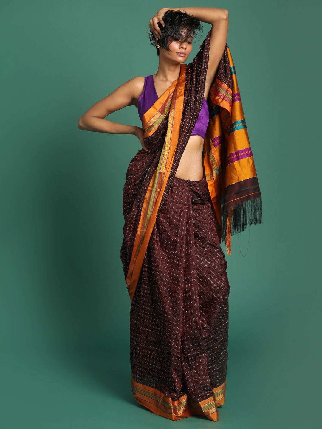 Indethnic Chocolate Woven Design Saree - View 2