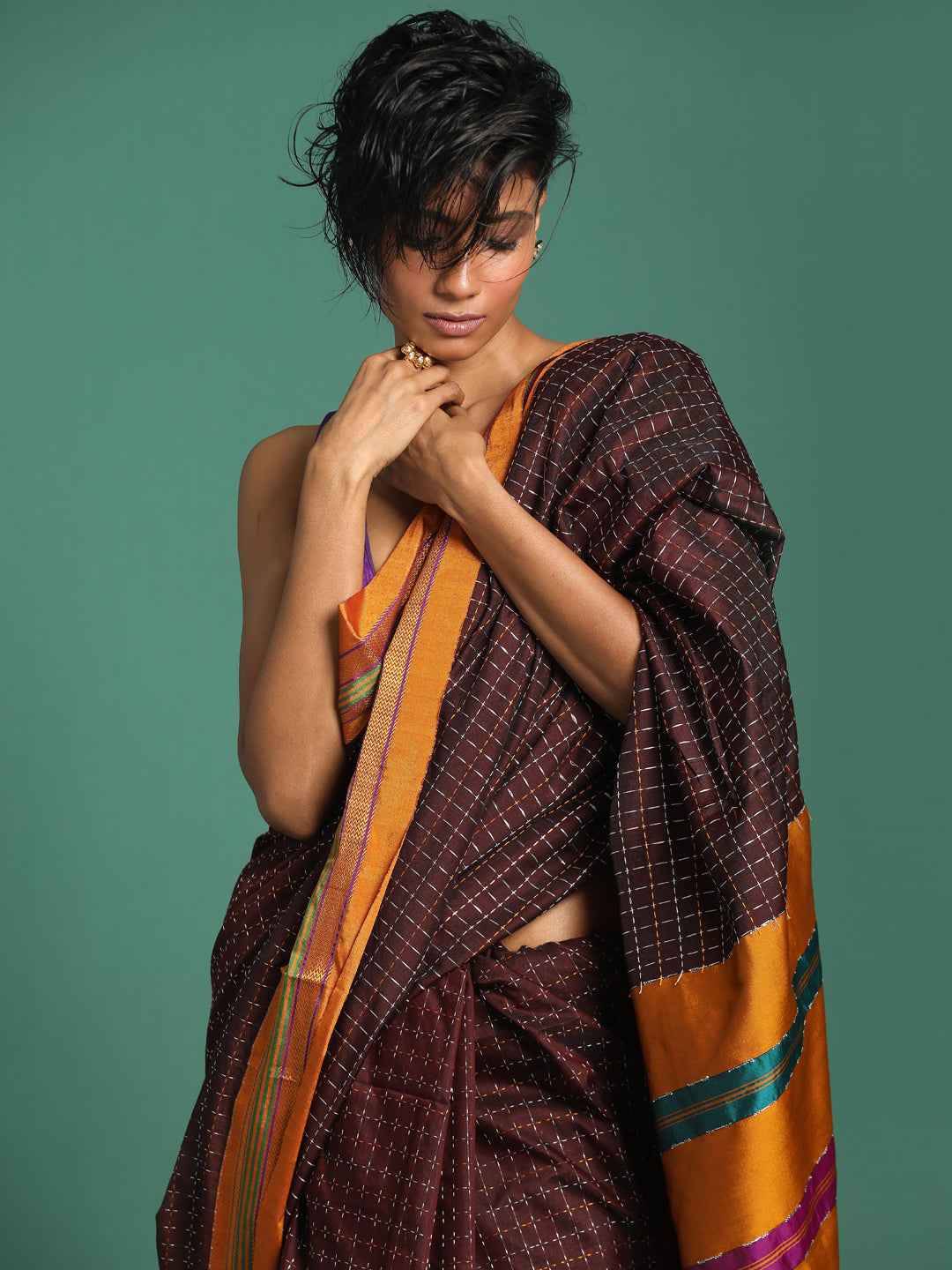 Indethnic Chocolate Woven Design Saree - View 1