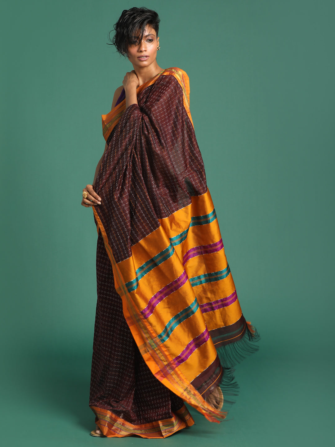 Indethnic Chocolate Woven Design Saree - View 3