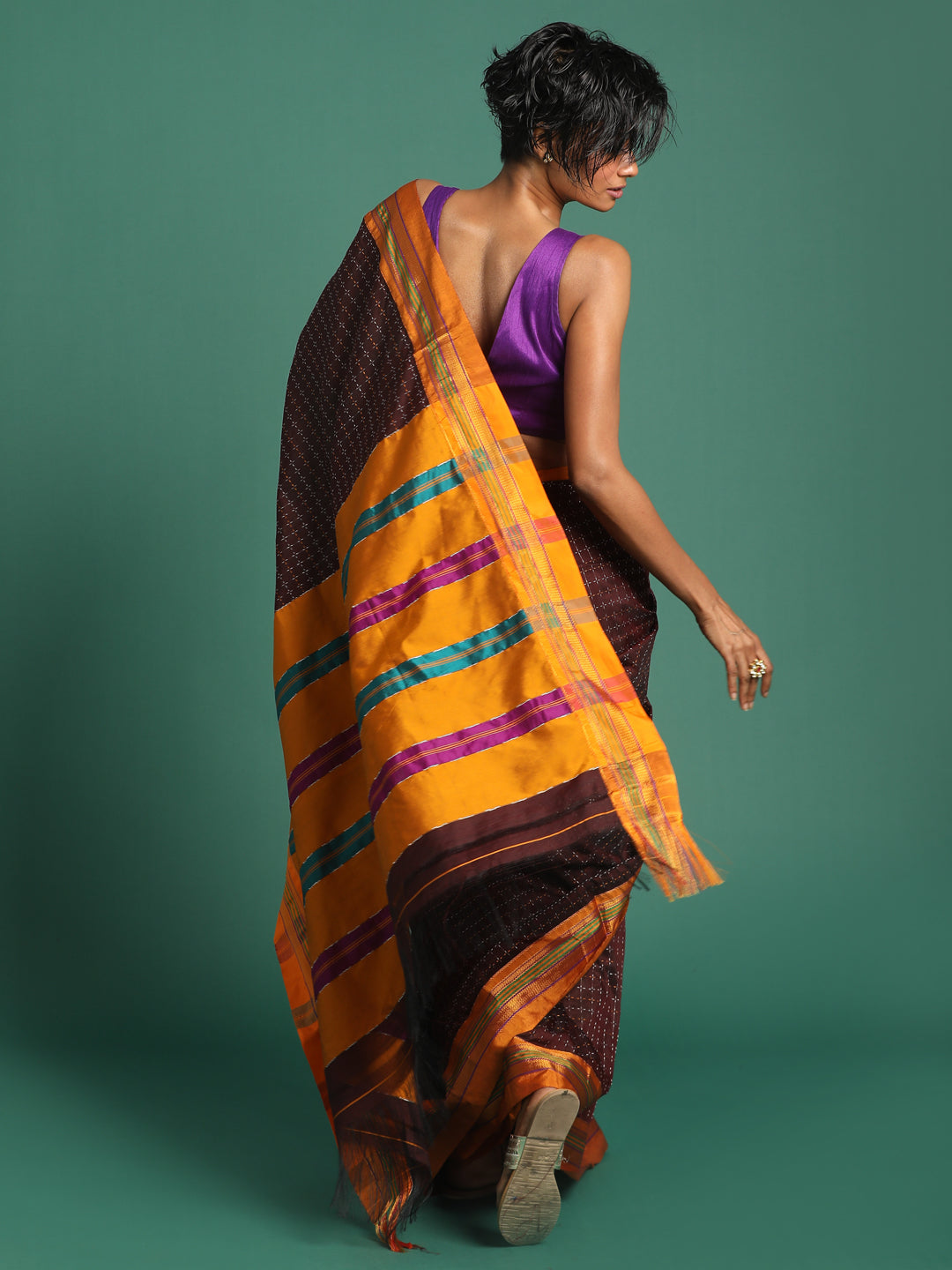 Indethnic Chocolate Woven Design Saree - View 3