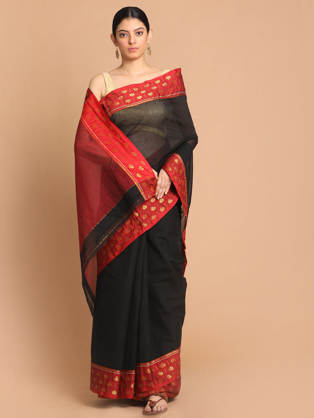 Indethnic Black Pure Cotton Solid Saree - View 1