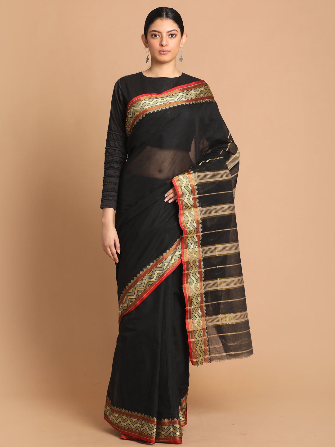 Indethnic Black Pure Cotton Solid Saree - View 1