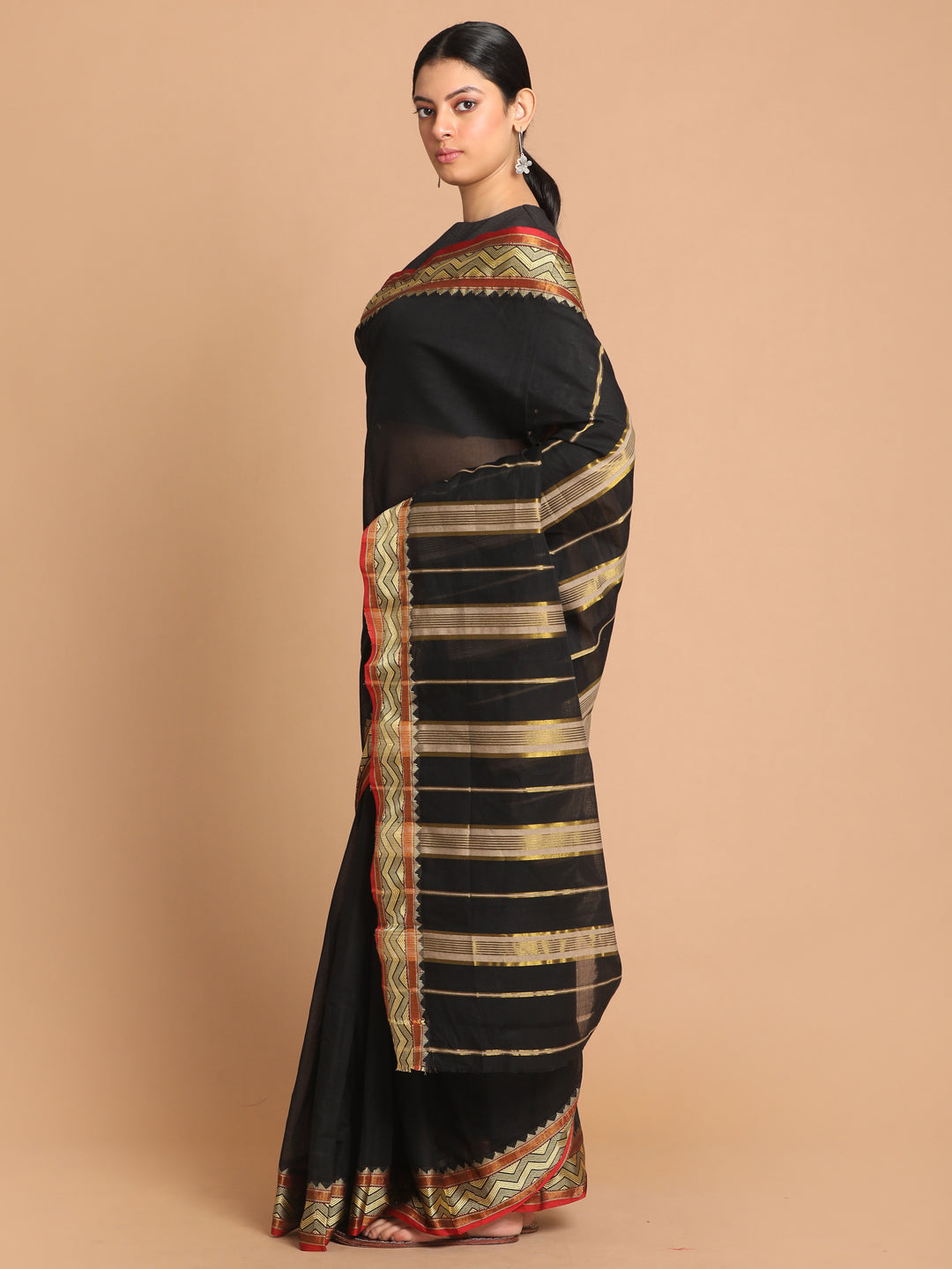 Indethnic Black Pure Cotton Solid Saree - View 2