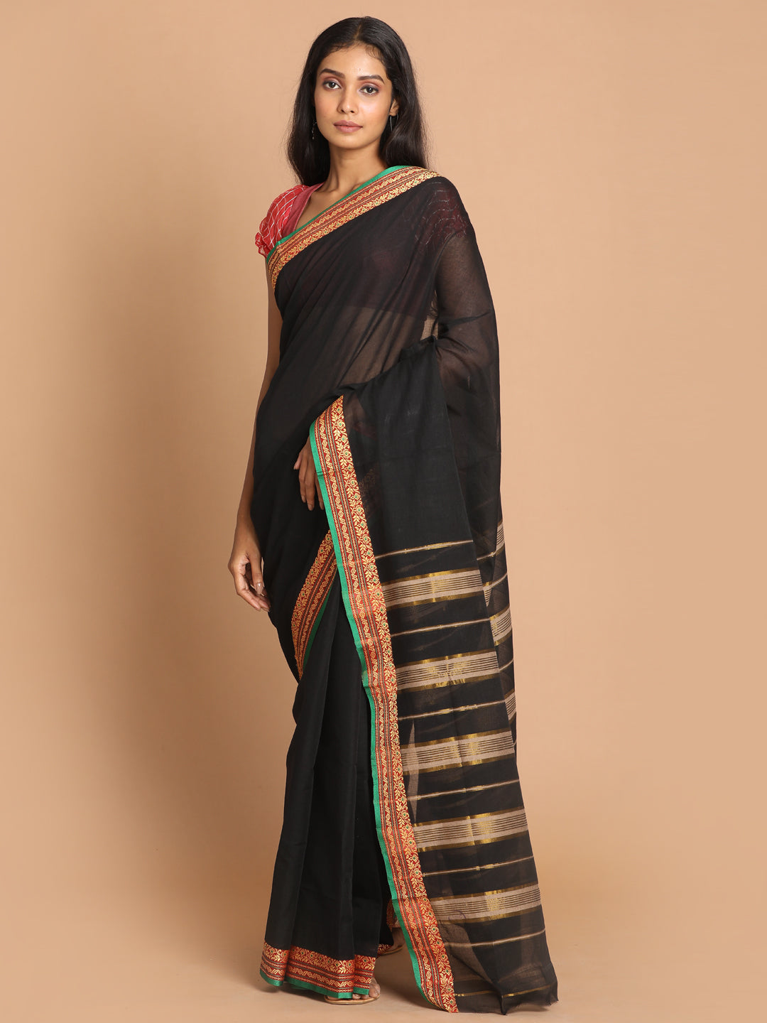 Indethnic Black Pure Cotton Solid Saree - View 1