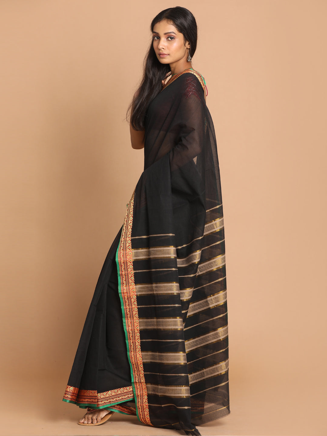 Indethnic Black Pure Cotton Solid Saree - View 2