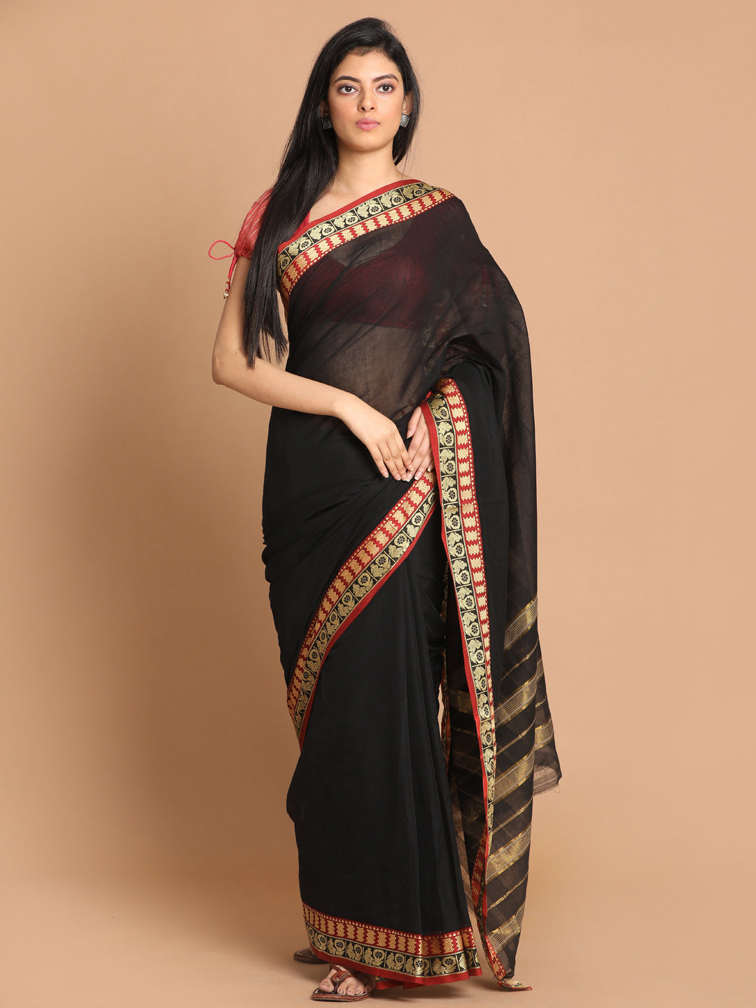 Indethnic Black Pure Cotton Solid Saree - View 1
