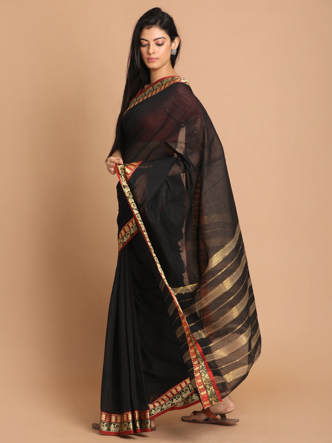 Indethnic Black Pure Cotton Solid Saree - View 2