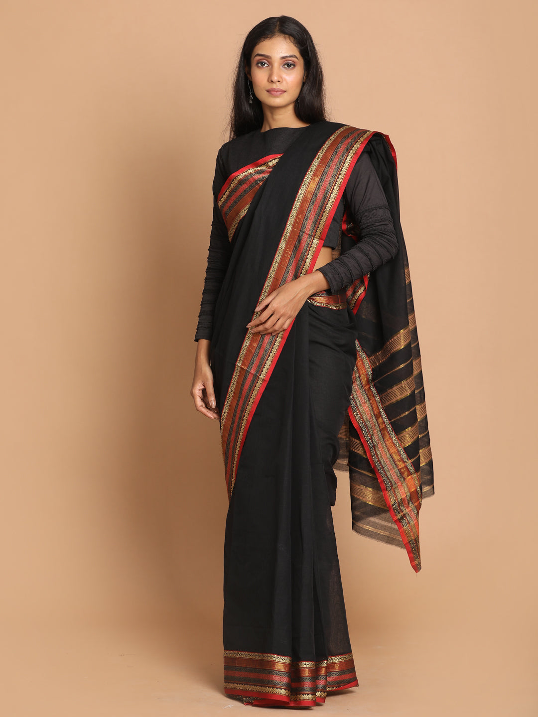 Indethnic Black Pure Cotton Solid Saree - View 1