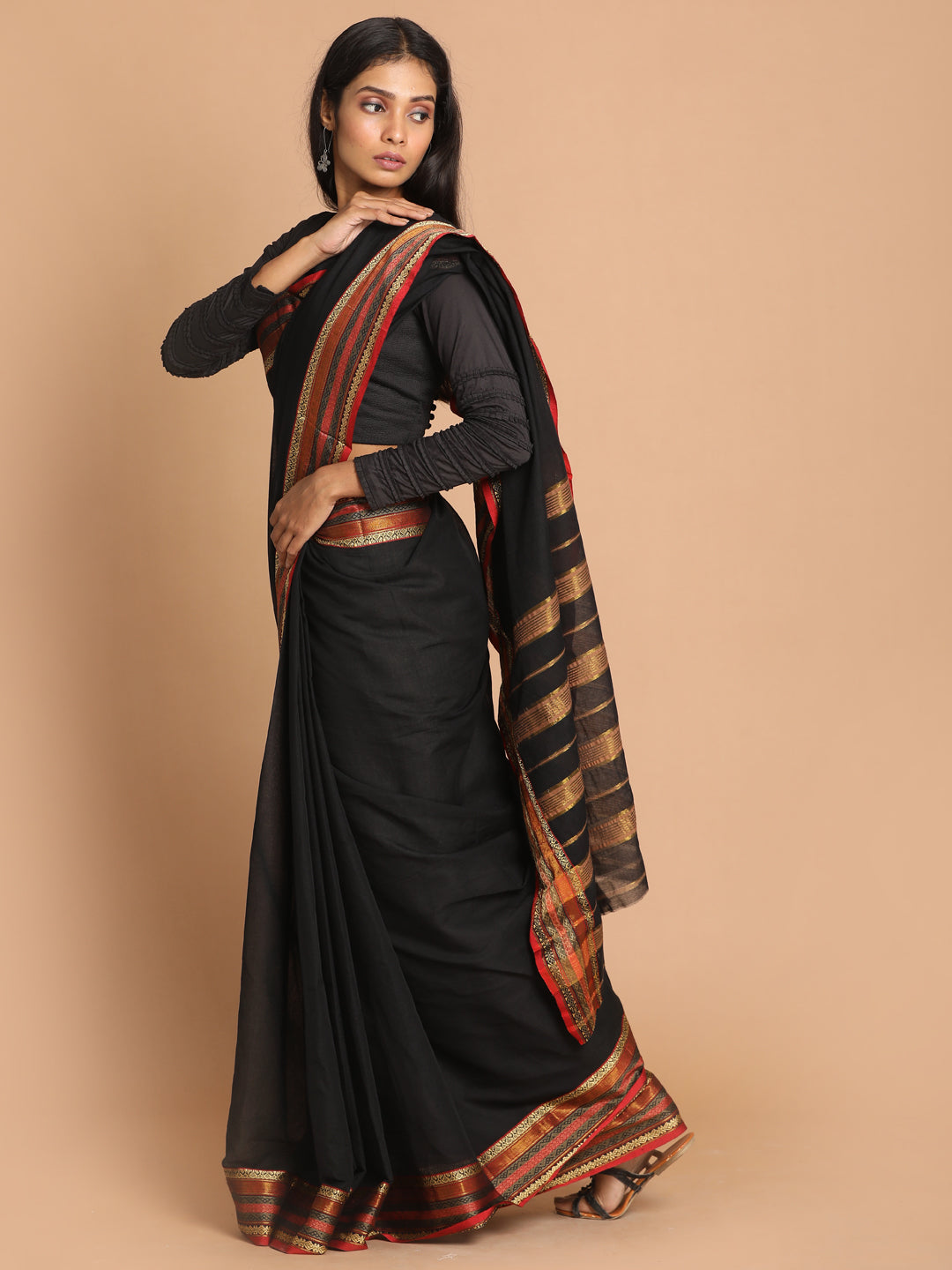 Indethnic Black Pure Cotton Solid Saree - View 1