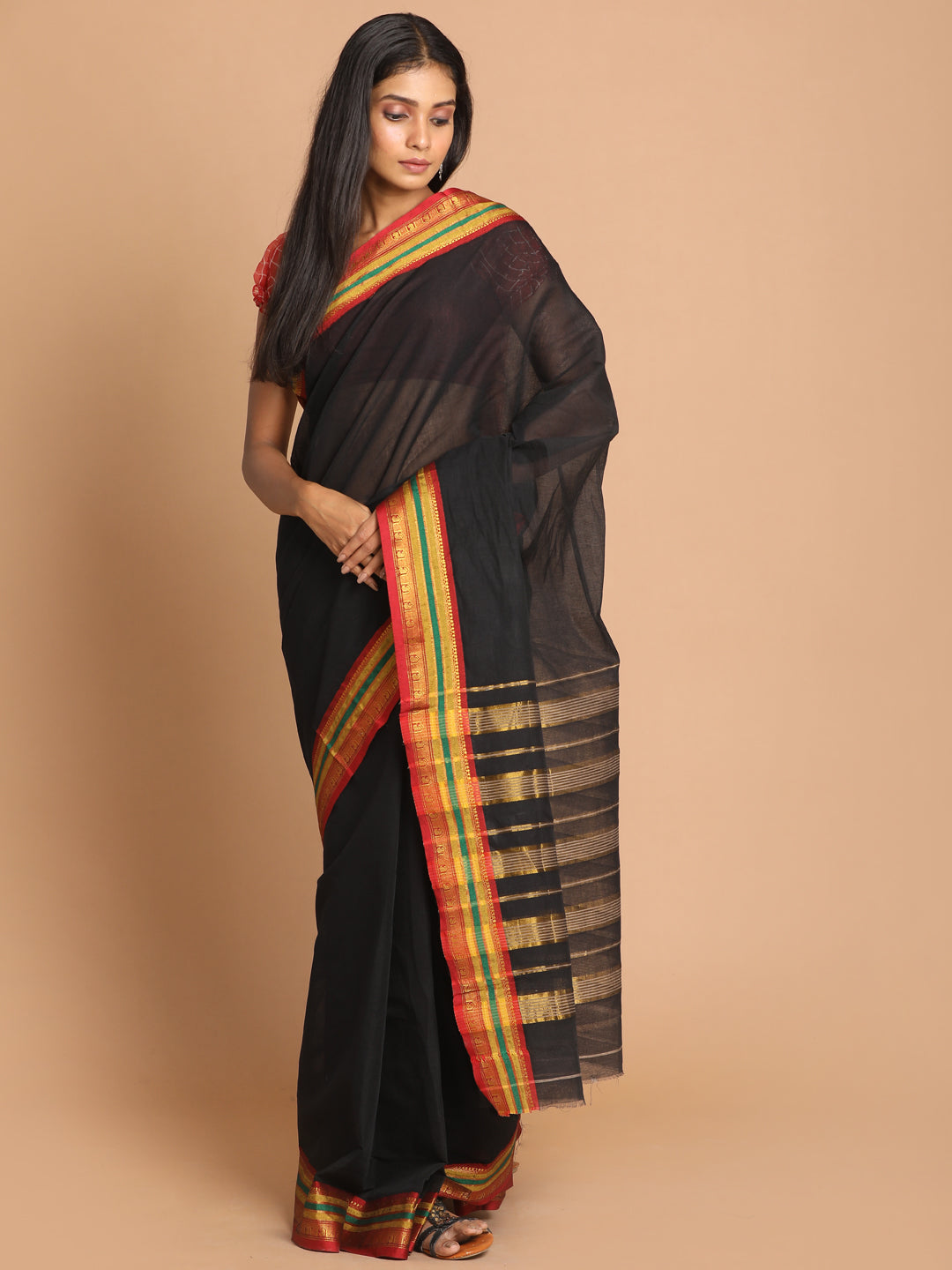 Indethnic Black Pure Cotton Solid Saree - View 1