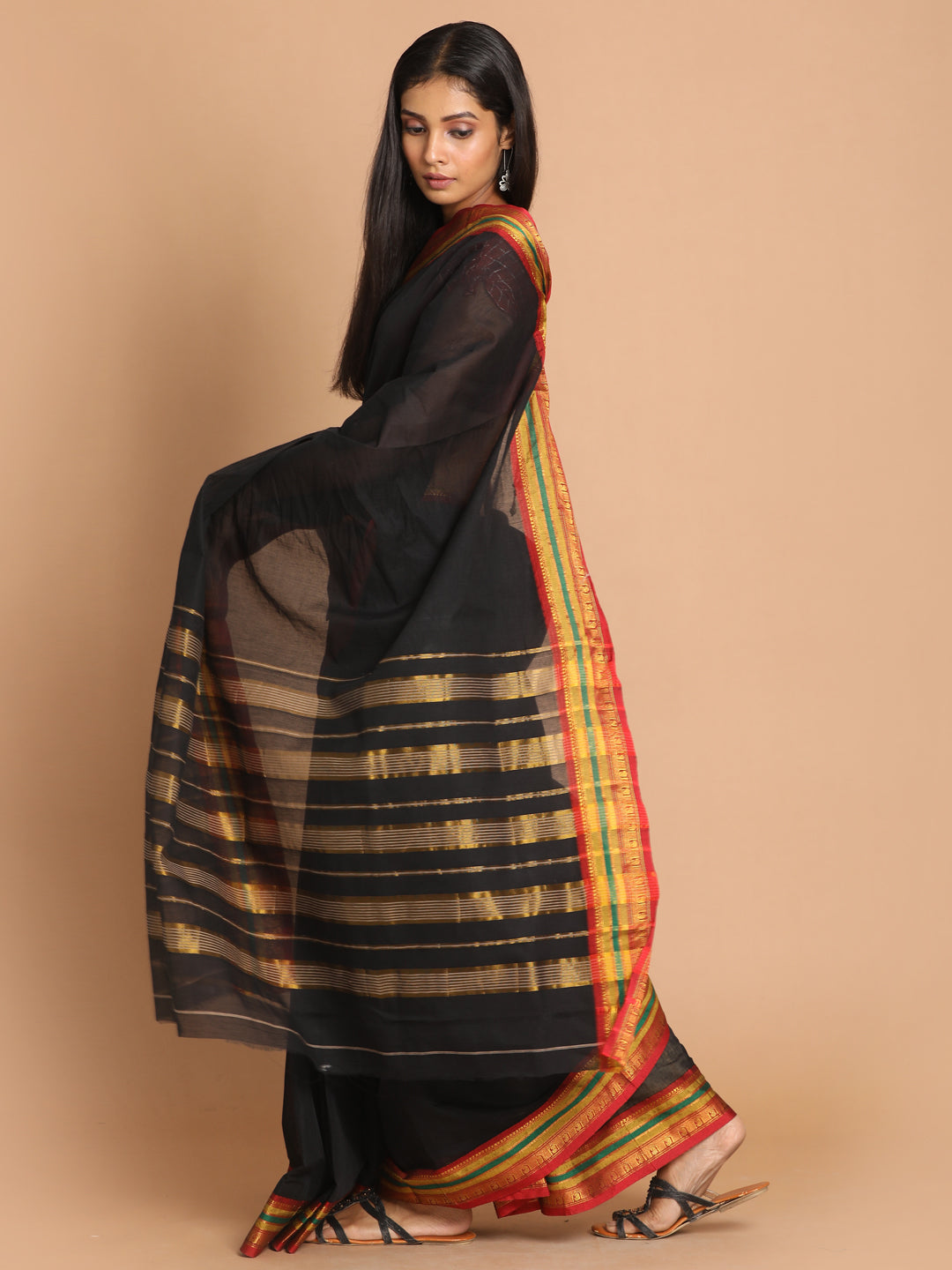 Indethnic Black Pure Cotton Solid Saree - View 2