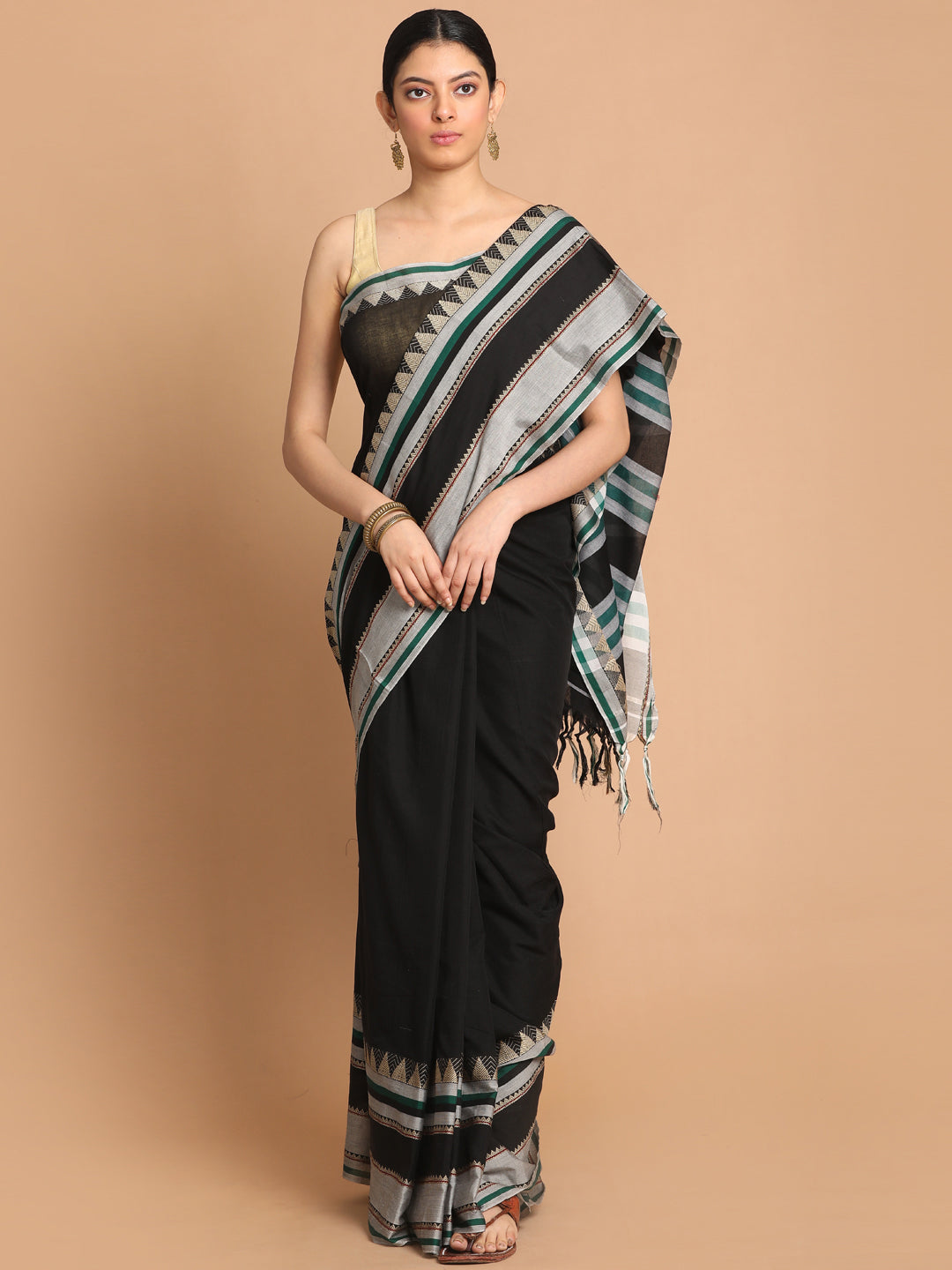 Indethnic Black Pure Cotton Solid Saree - View 1