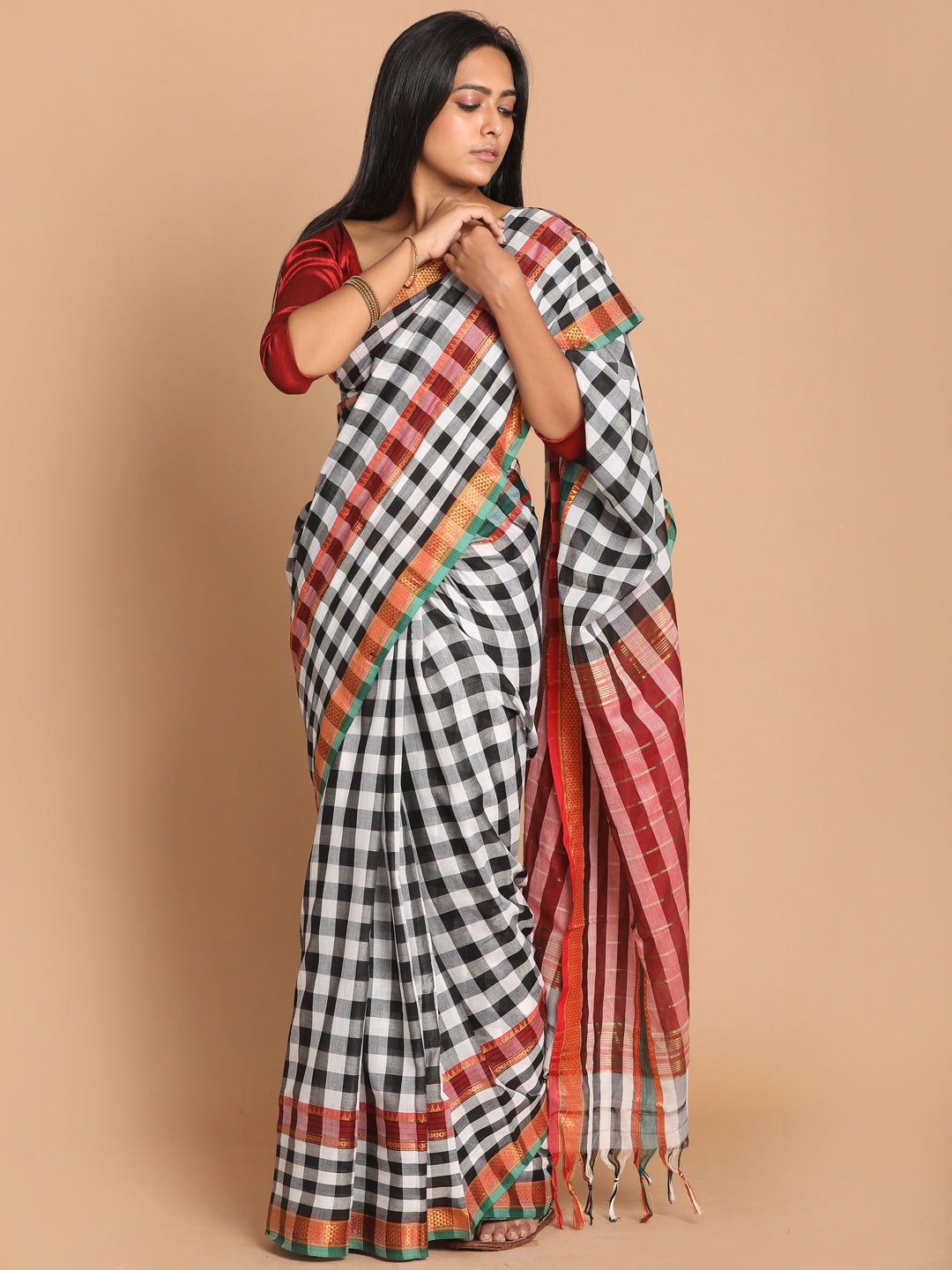 Indethnic Black Pure Cotton Solid Saree - View 1