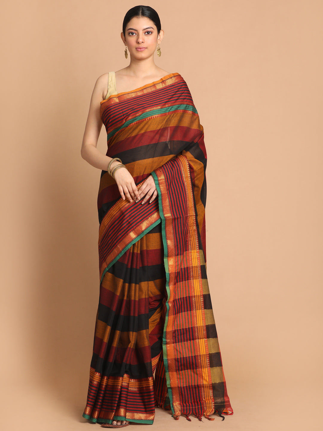 Indethnic Black Pure Cotton Solid Saree - View 1