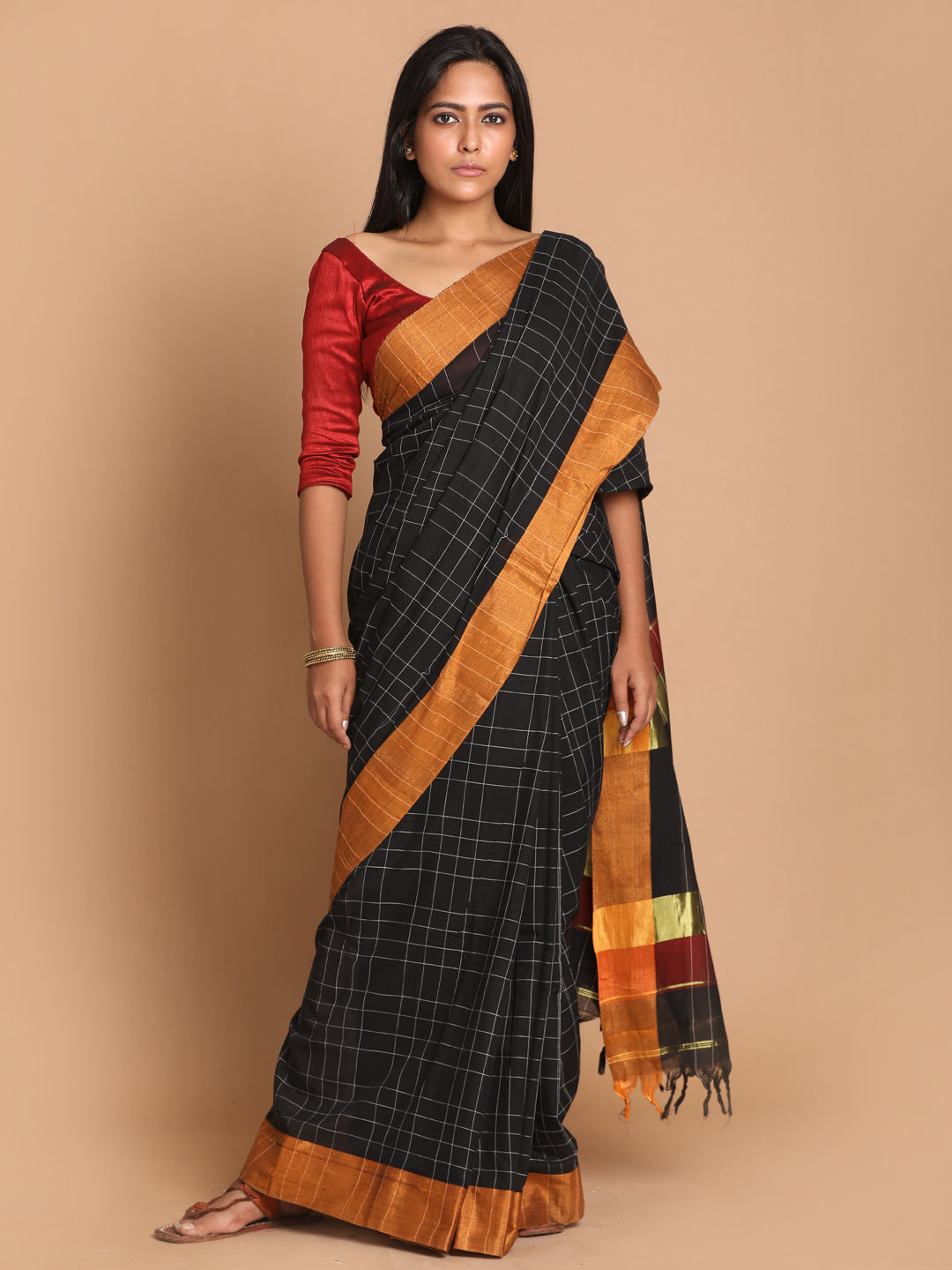 Indethnic Black Pure Cotton Checked Saree - View 1
