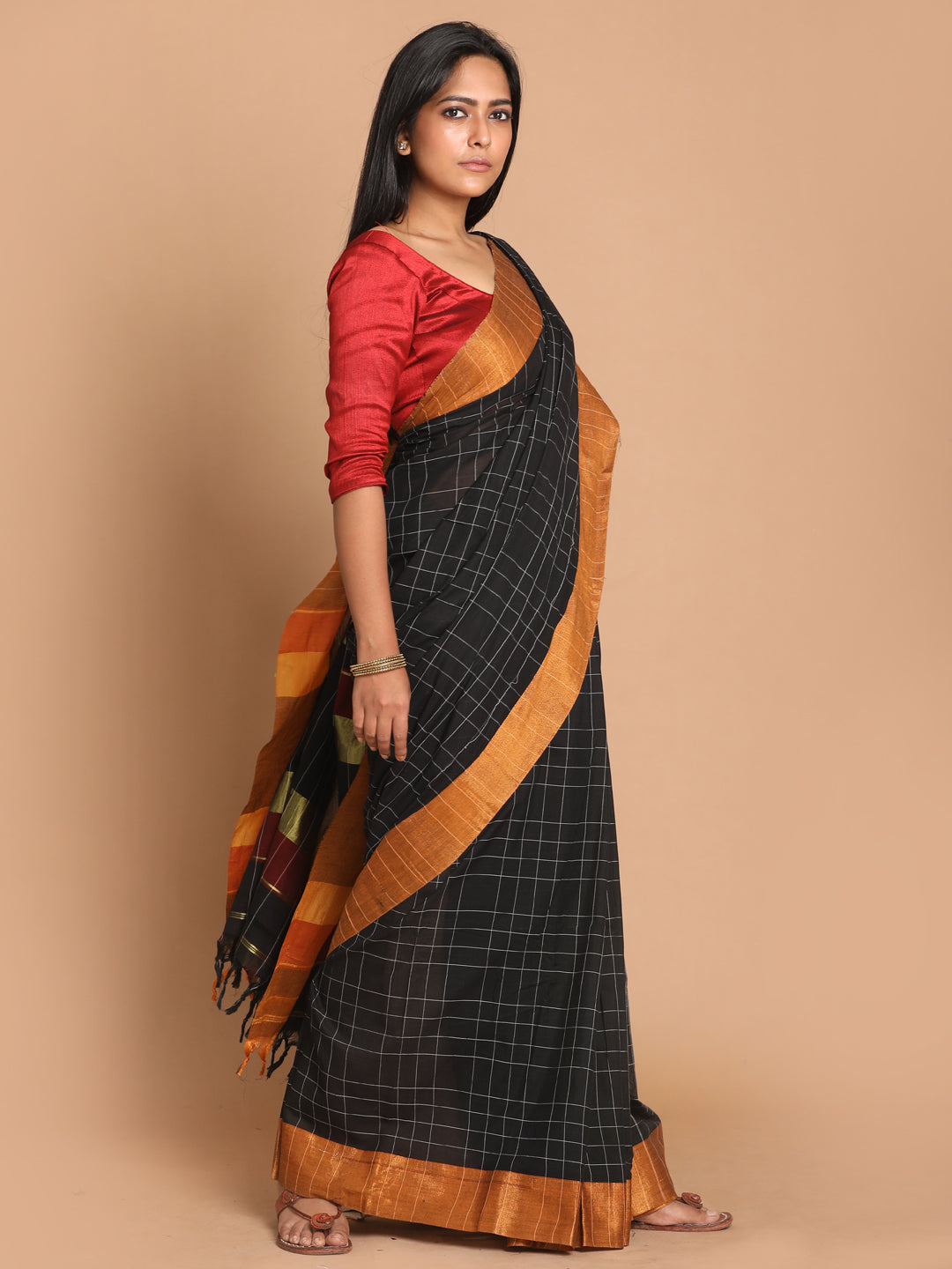 Indethnic Black Pure Cotton Checked Saree - View 2