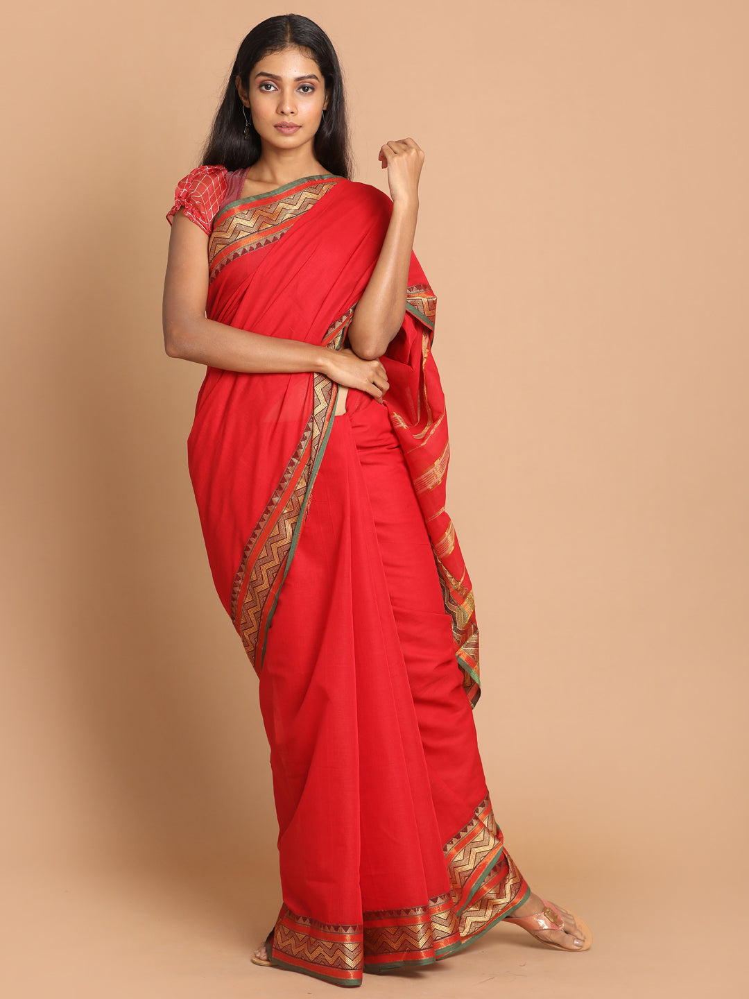 Indethnic Red Pure Cotton Solid Saree - View 1
