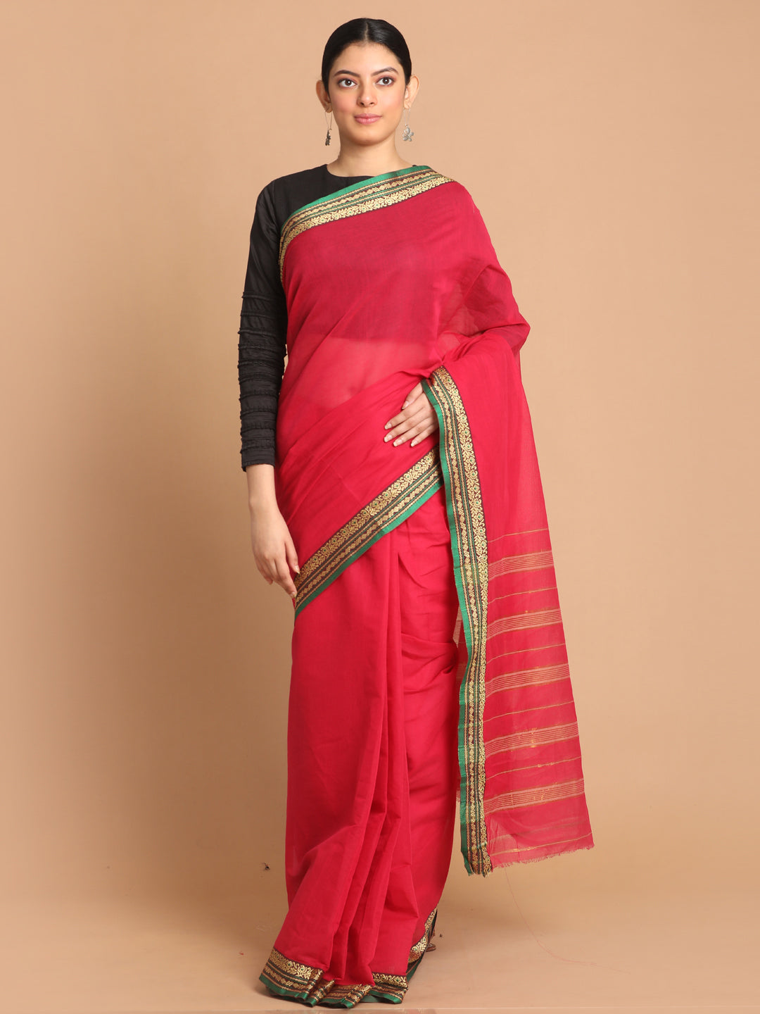 Indethnic Red Pure Cotton Solid Saree - View 1