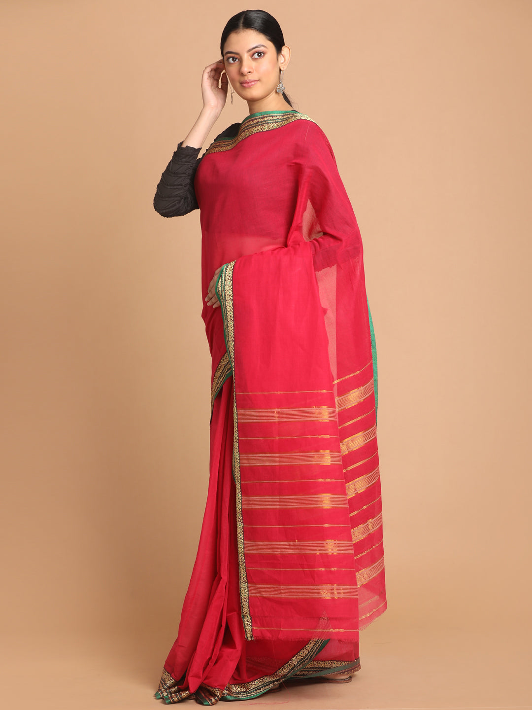 Indethnic Red Pure Cotton Solid Saree - View 2