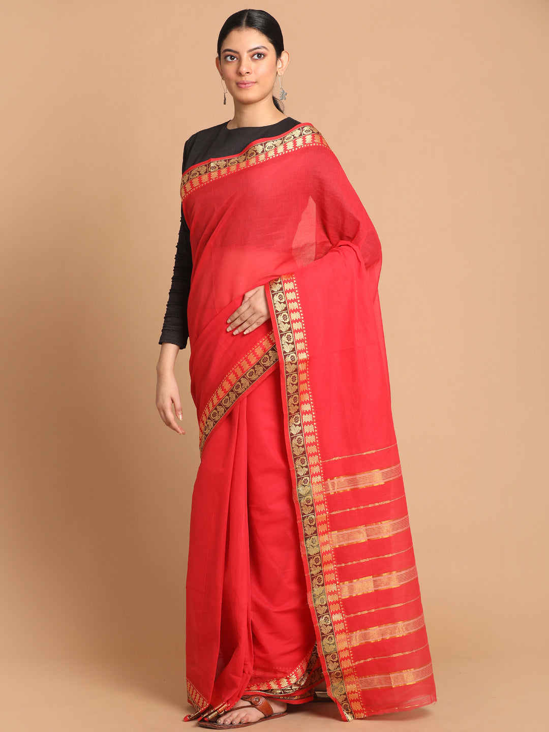 Indethnic Red Pure Cotton Solid Saree - View 1