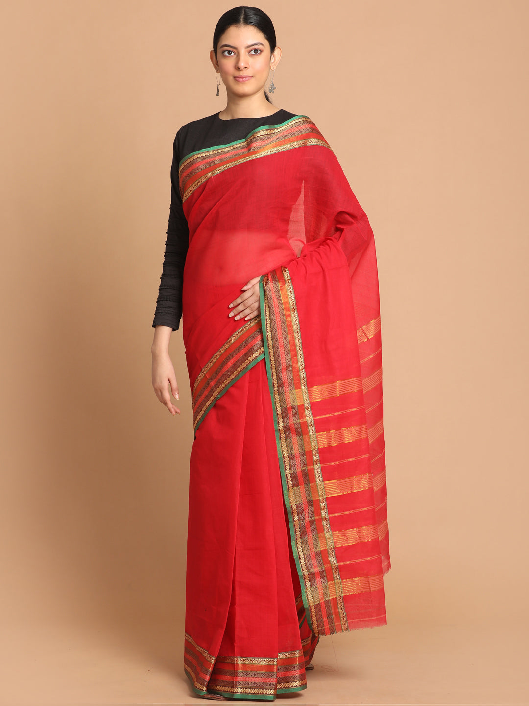 Indethnic Red Pure Cotton Solid Saree - View 1