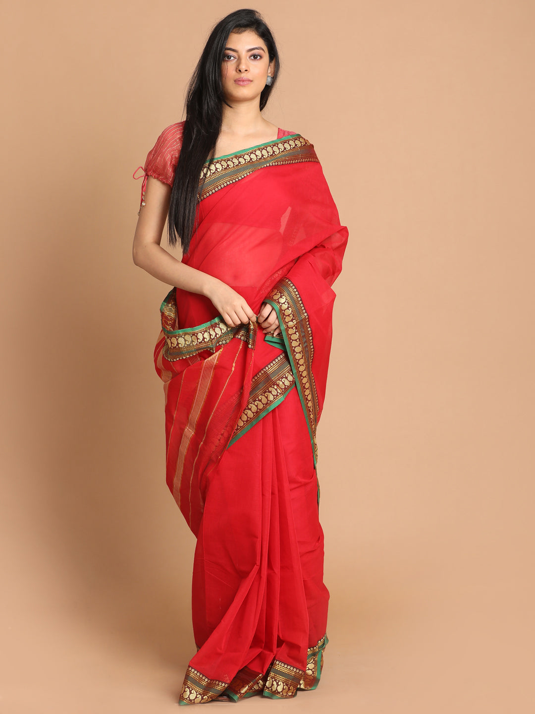 Indethnic Red Pure Cotton Solid Saree - View 1
