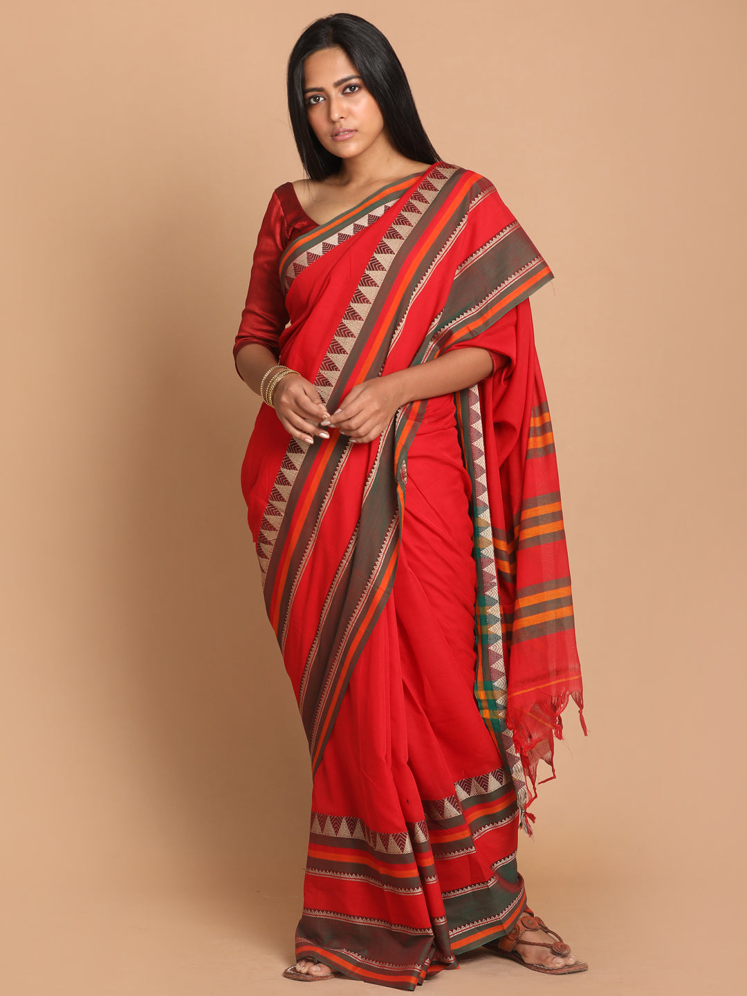 Indethnic Red Pure Cotton Solid Saree - View 1